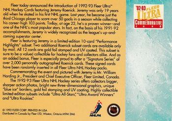 1992-93 Ultra - Commemorative Card Promo #NNO Jeremy Roenick / William Harding, Jr. Back