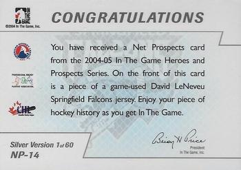 2015-16 In The Game Final Vault - 2004-05 In The Game Heroes and Prospects - Net Prospects Silver (Green Vault Stamp) #NP-14 David LeNeveu Back