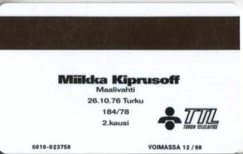 1995 Seesam Turun Palloseura Phonecards #2 Miikka Kiprusoff Back
