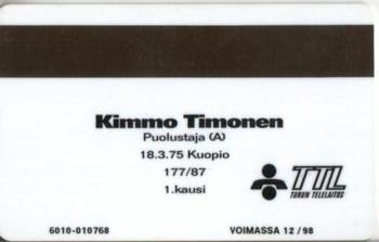 1995 Seesam Turun Palloseura Phonecards #15 Kimmo Timonen Back