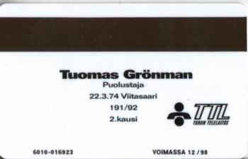 1995 Seesam Turun Palloseura Phonecards #17 Tuomas Grönman Back
