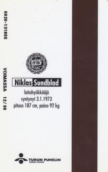 1996 Seesam Turun Palloseura Phonecards #13 Niklas Sundblad Back