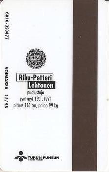 1996 Seesam Turun Palloseura Phonecards #19 Riku-Petteri Lehtonen Back