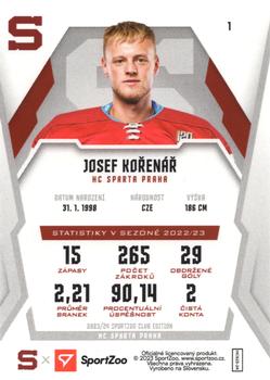 2023-24 SportZoo HC Sparta Praha #1 Josef Kořenář Back
