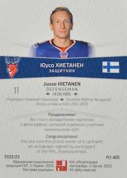 2022-23 Sereal KHL Platinum Collection - Autograph #PLT-A29 Juuso Hietanen Back