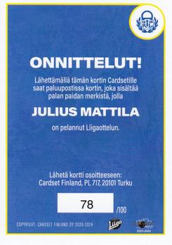 2023-24 Cardset Finland - Patch Redemption (Series 2) #PATCH4 Julius Mattila Back