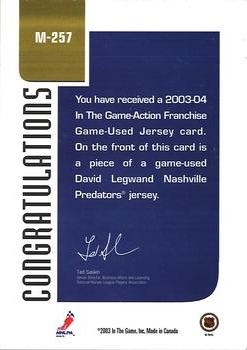 2015-16 In The Game Final Vault - 2003-04 In The Game Action Jerseys (Saphire Vault Stamp) #M-257 David Legwand Back