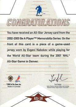 2015-16 In The Game Final Vault - 2002-03 Be a Player Memorabilia - All-Star Jerseys (Silver Vault Stamp) #ASJ-38 Evgeni Nabokov Back