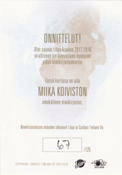 2017-18 Cardset Finland - Signature (Series Two) #NNO Miika Koivisto Back
