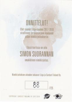2017-18 Cardset Finland - Signature (Series Two) #NNO Simon Suoranta Back