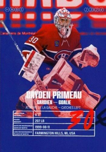 2023-24 Montreal Canadiens #NNO Cayden Primeau Back