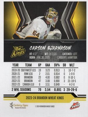 2023-24 Brandon Wheat Kings (WHL) #NNO Carson Bjarnason Back