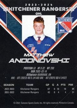 2023-24 Extreme Kitchener Rangers (OHL) #NNO Matthew Andonovski Back