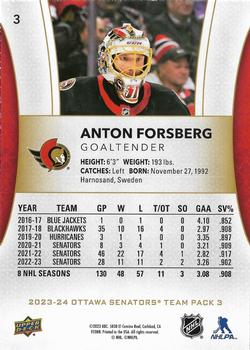 2023-24 Upper Deck Ottawa Senators Team Pack 3 SGA #3 Anton Forsberg Back