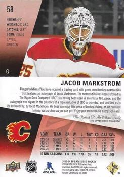 2023-24 SP Game Used - Auto Jersey #58 Jacob Markstrom Back