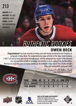 2023-24 SP Game Used - Auto Premium Material #213 Owen Beck Back