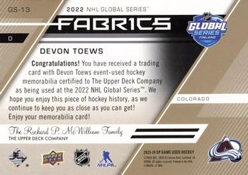 2023-24 SP Game Used - 2022 Global Series Fabrics Patch #GS-13 Devon Toews Back