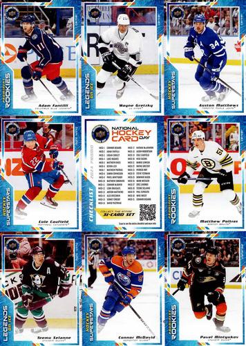 2024 Upper Deck National Hockey Card Day - 9-Card Sheets #NNO Adam Fantilli / Wayne Gretzky / Auston Matthews / Cole Caufield / Checklist / Matthew Poitras / Teemu Selanne / Connor McDavid / Pavel Mintyukov Front