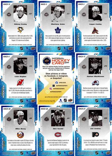 2024 Upper Deck National Hockey Card Day - 9-Card Sheets #NNO Logan Cooley / Matthew Knies / Sidney Crosby / Nathan MacKinnon / Checklist / Luke Hughes / Eric Lindros / Nick Suzuki / Mike Bossy Back