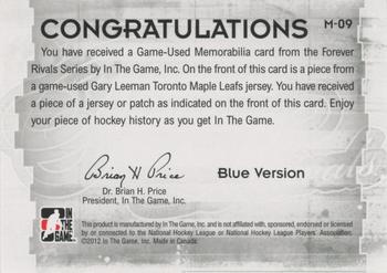 2015-16 In The Game Final Vault - 2012-13 In The Game Forever Rivals - Game-Used Jerseys Blue/Red (Ruby Vault Stamp) #M-09 Gary Leeman Back