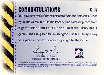 2015-16 In The Game Final Vault - 2011-12 In The Game Enforcers - Combatants Red (Pink Vault Stamp) #C-07 Paul Laus  / Craig Berube Back