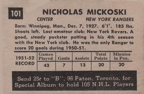 1952-53 Parkhurst #101 Nick Mickoski Back