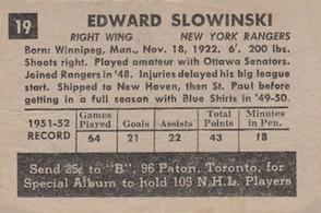 1952-53 Parkhurst #19 Ed Slowinski Back