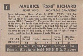 1952-53 Parkhurst #1 Maurice Richard Back