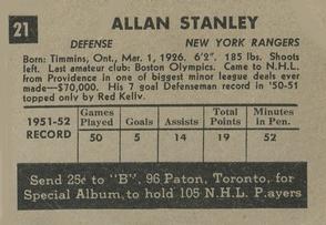 1952-53 Parkhurst #21 Allan Stanley Back