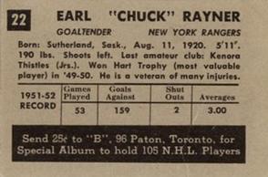 1952-53 Parkhurst #22 Chuck Rayner Back