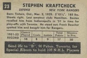 1952-53 Parkhurst #23 Steve Kraftcheck Back