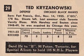 1952-53 Parkhurst #29 Ed Kryzanowski Back