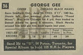 1952-53 Parkhurst #36 George Gee Back