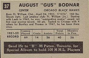 1952-53 Parkhurst #37 Gus Bodnar Back