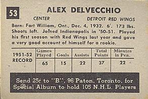 1952-53 Parkhurst #53 Alex Delvecchio Back