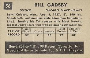 1952-53 Parkhurst #56 Bill Gadsby Back