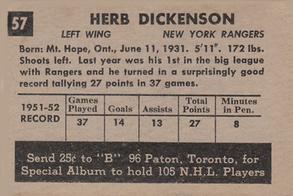 1952-53 Parkhurst #57 Herb Dickenson Back