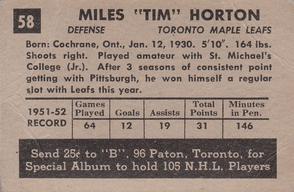 1952-53 Parkhurst #58 Tim Horton Back