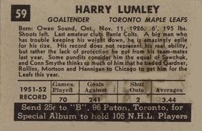 1952-53 Parkhurst #59 Harry Lumley Back