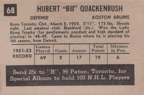 1952-53 Parkhurst #68 Bill Quackenbush Back