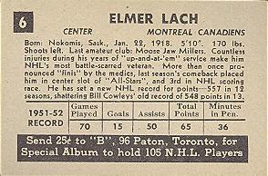 1952-53 Parkhurst #6 Elmer Lach Back