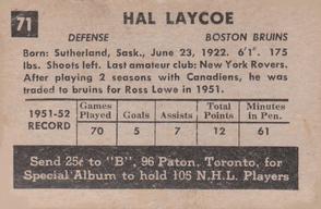1952-53 Parkhurst #71 Hal Laycoe Back