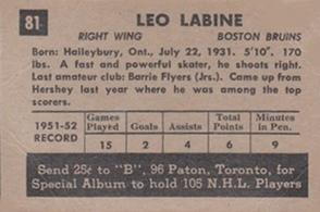 1952-53 Parkhurst #81 Leo Labine Back