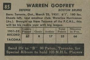 1952-53 Parkhurst #85 Warren Godfrey Back