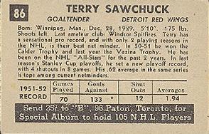1952-53 Parkhurst #86 Terry Sawchuk Back