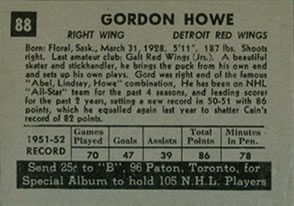1952-53 Parkhurst #88 Gordon Howe Back