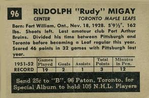1952-53 Parkhurst #96 Rudy Migay Back