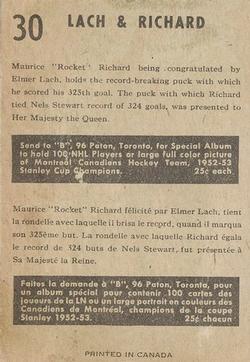 1953-54 Parkhurst #30 Elmer Lach / Maurice Richard Back