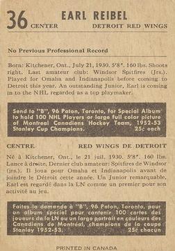 1953-54 Parkhurst #36 Earl Reibel Back