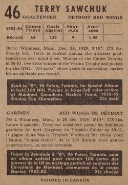 1953-54 Parkhurst #46 Terry Sawchuk Back